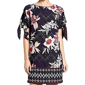 Vince Camuto Navy Floral Crepe Tie Bow Sleeves Shift Border Print Dress Size…